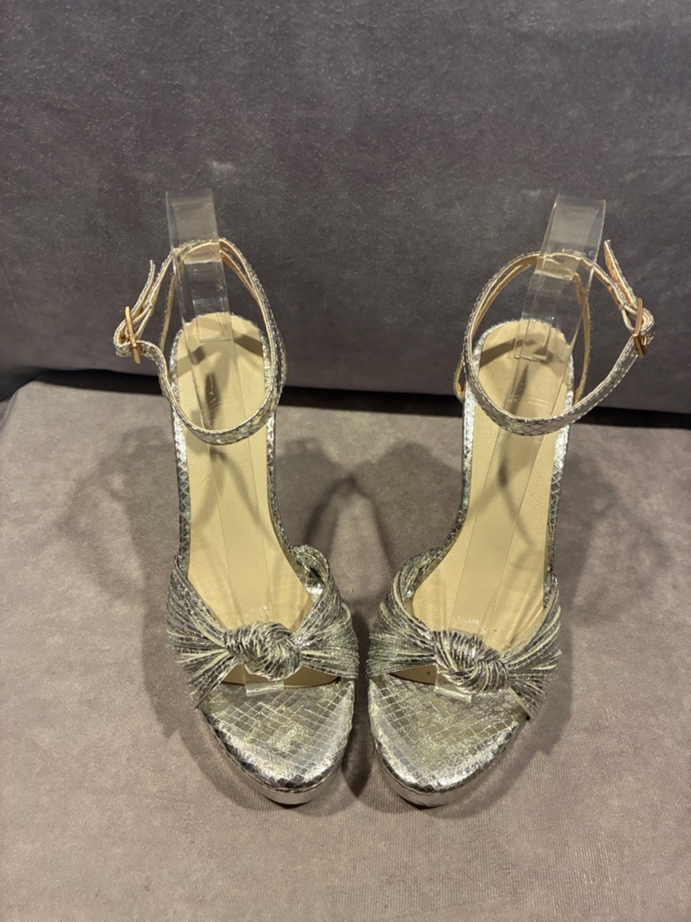 Knotted Metallic Ankle-Strap Platform Heels - Silver